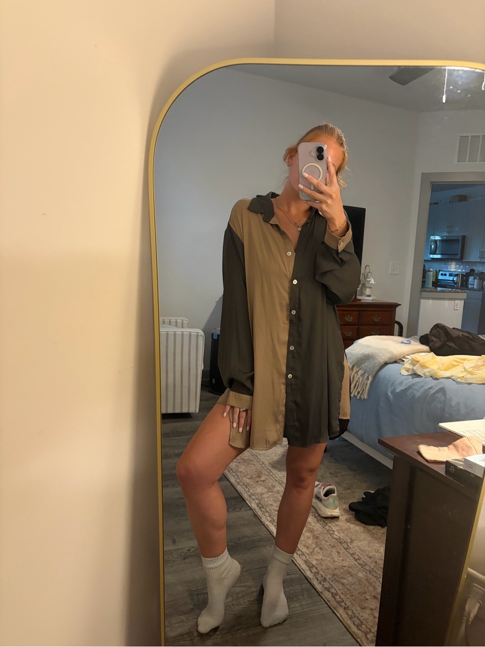 Colorblock Button-Front Shirt Dress in Olive & Khaki